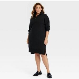 Ava & Viv - Women's Quarter Zip Long Sleeve Mini Sweater Dress Black 2X